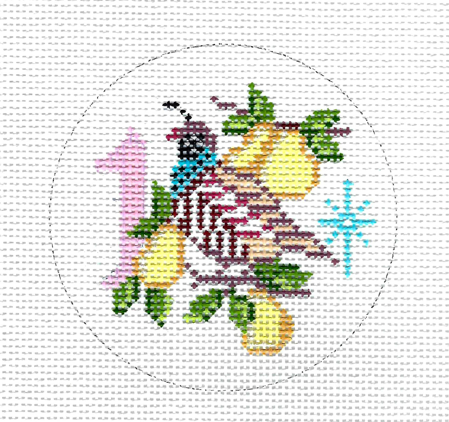 12 Days of Christmas ~ 1 Partridge in a Pear Tree handpainted 13 Mesh 4" Rd. Needlepoint Canvas by Alice Peterson