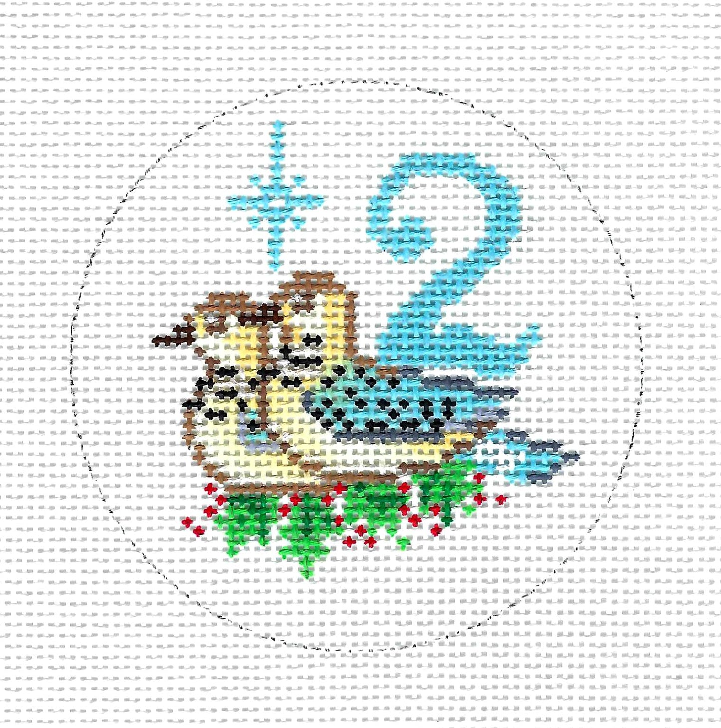 12 Days of Christmas ~ 2 Turtle Doves 13 Mesh handpainted 4" Rd. Needlepoint Ornament Canvas by Alice Peterson