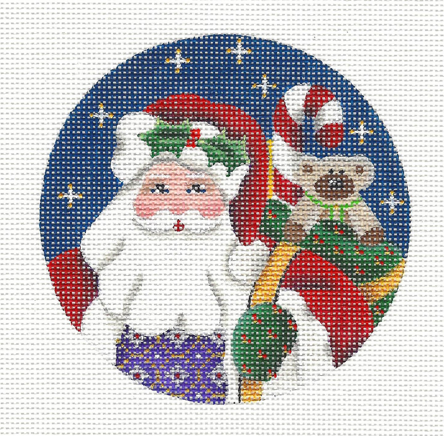 Round ~ Yule Tide Santa handpainted 4" Rd. 18 mesh Needlepoint Ornament Canvas by Rebecca Wood