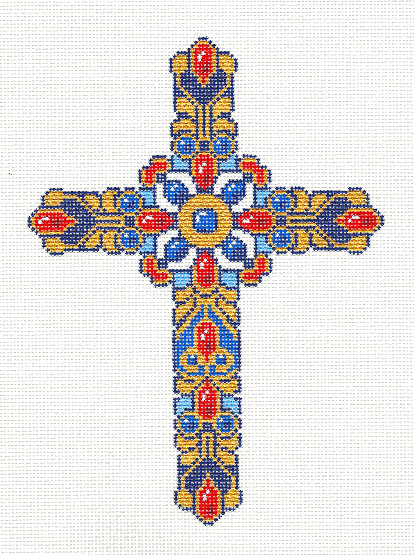 Cross ~ Elegant 7" tall Gold, Blue and Red Jeweled CROSS handpainted18 Mesh Needlepoint Canvas by LEE