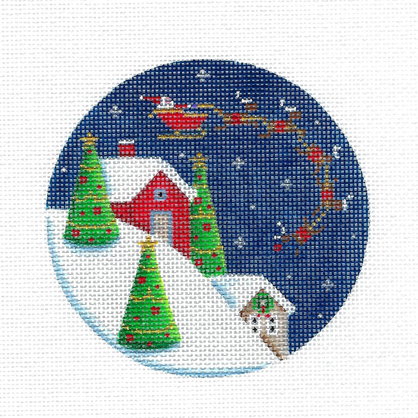 Christmas Round ~ And to All a Goodnight ... Santa & Sleigh 4" Ornament 18 Mesh handpainted Needlepoint Canvas by Rebecca Wood