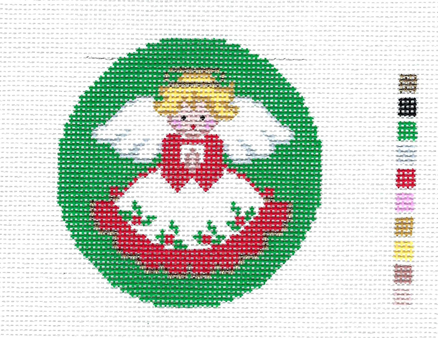 Round ~ Christmas Angel in Red & White Dress on Green Background 3" Rd. 18 mesh Handpainted Needlepoint Ornament Canvas by LEE