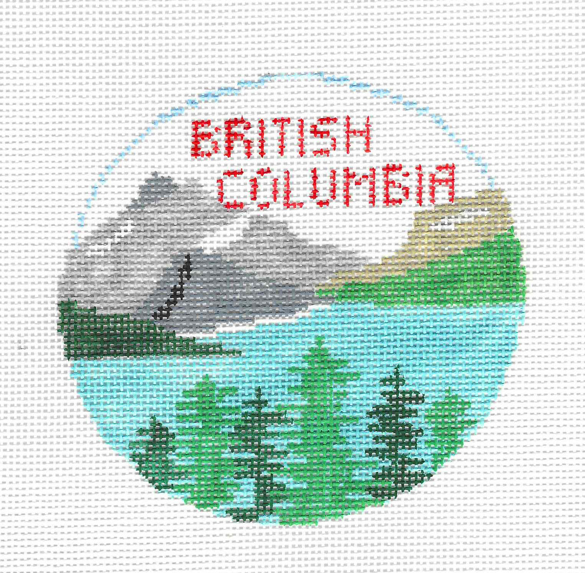 Travel Round ~ British Columbia in CANADA 18 Mesh handpainted 4" Rd. Needlepoint Canvas by Kathy Schenkel