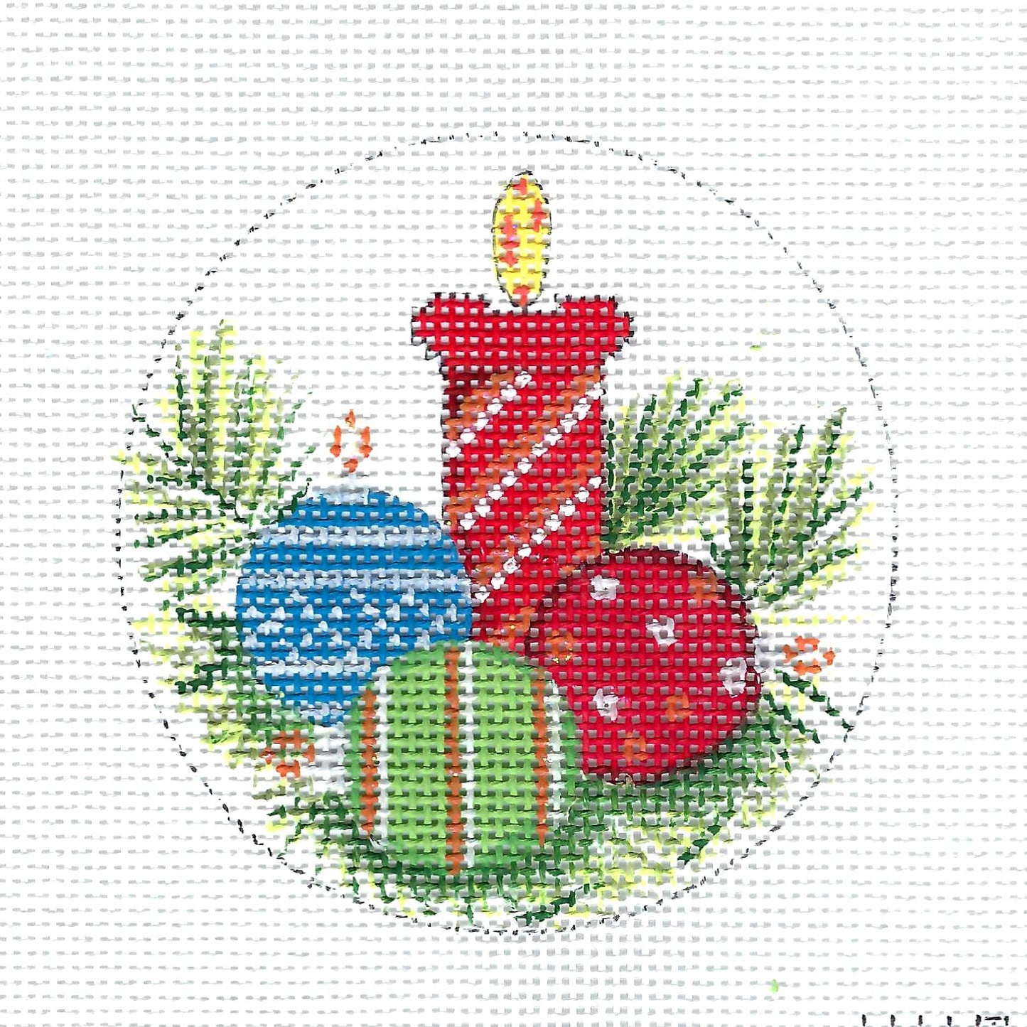 4" Round ~ Candle & Ornaments 13 Mesh handpainted 4" Needlepoint Ornament Canvas by Alice Peterson