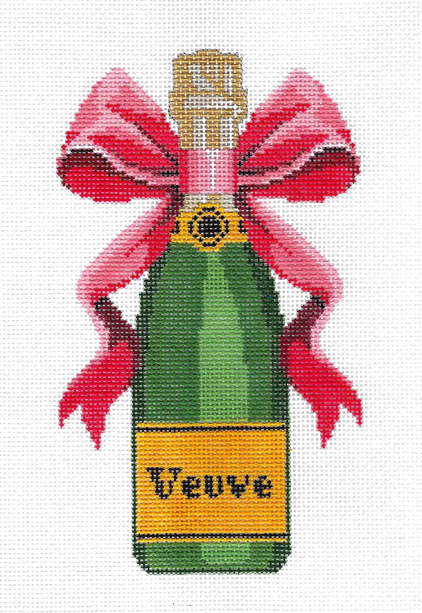 "Veuve" Champagne Bottle in Green with Red Christmas Bow 18 mesh handpainted Needlepoint Canvas by C'ate La Vie