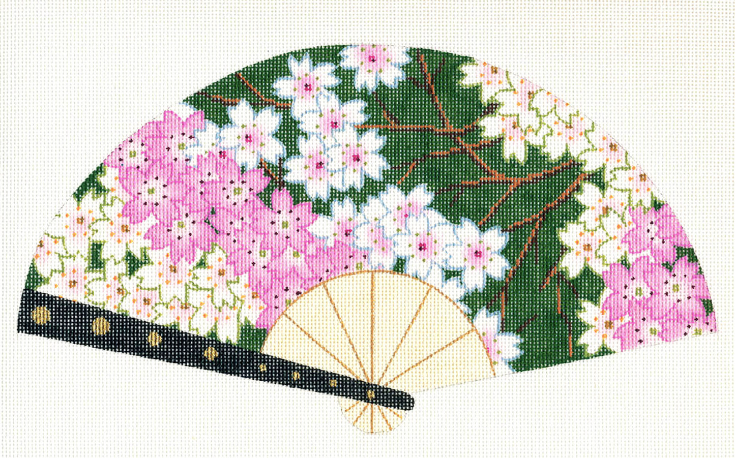 Oriental Fan ~ Elegant Cherry Blossoms FAN Japanese handpainted on Deep Green Needlepoint Canvas by LEE