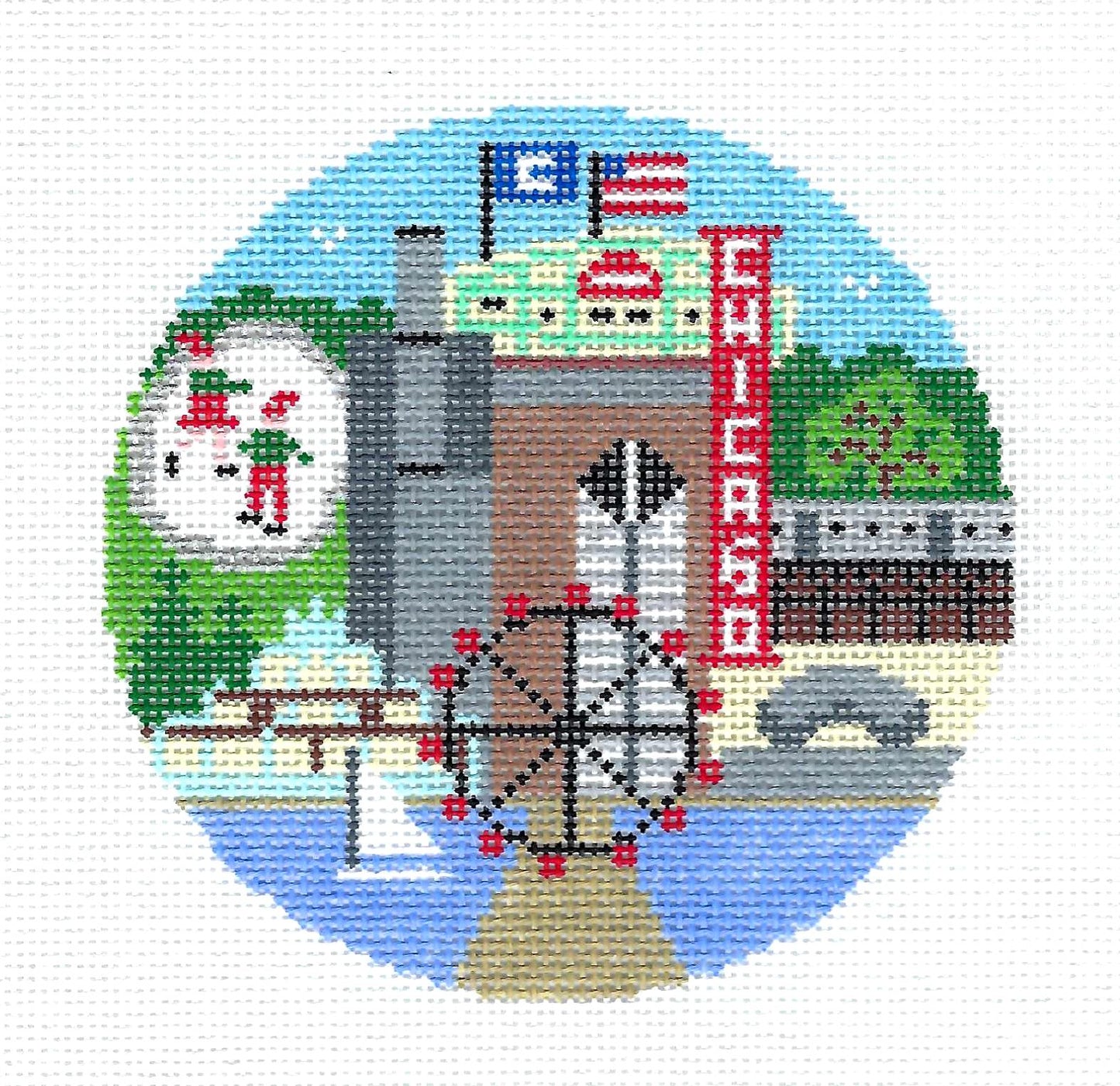 Travel Round ~ CHICAGO, ILLINOIS handpainted 4" Needlepoint 18 Mesh Canvas by Doolittle Designs