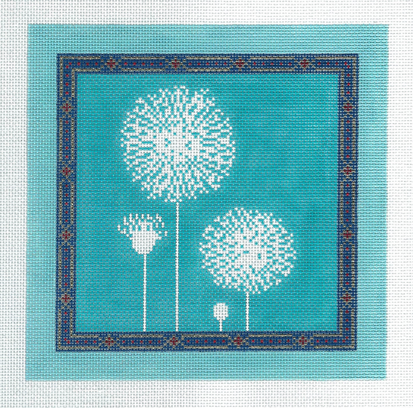 Floral Canvas ~ Contemp. Dandelions on a Blue handpainted 7" SQ. Needlepoint Canvas by LEE