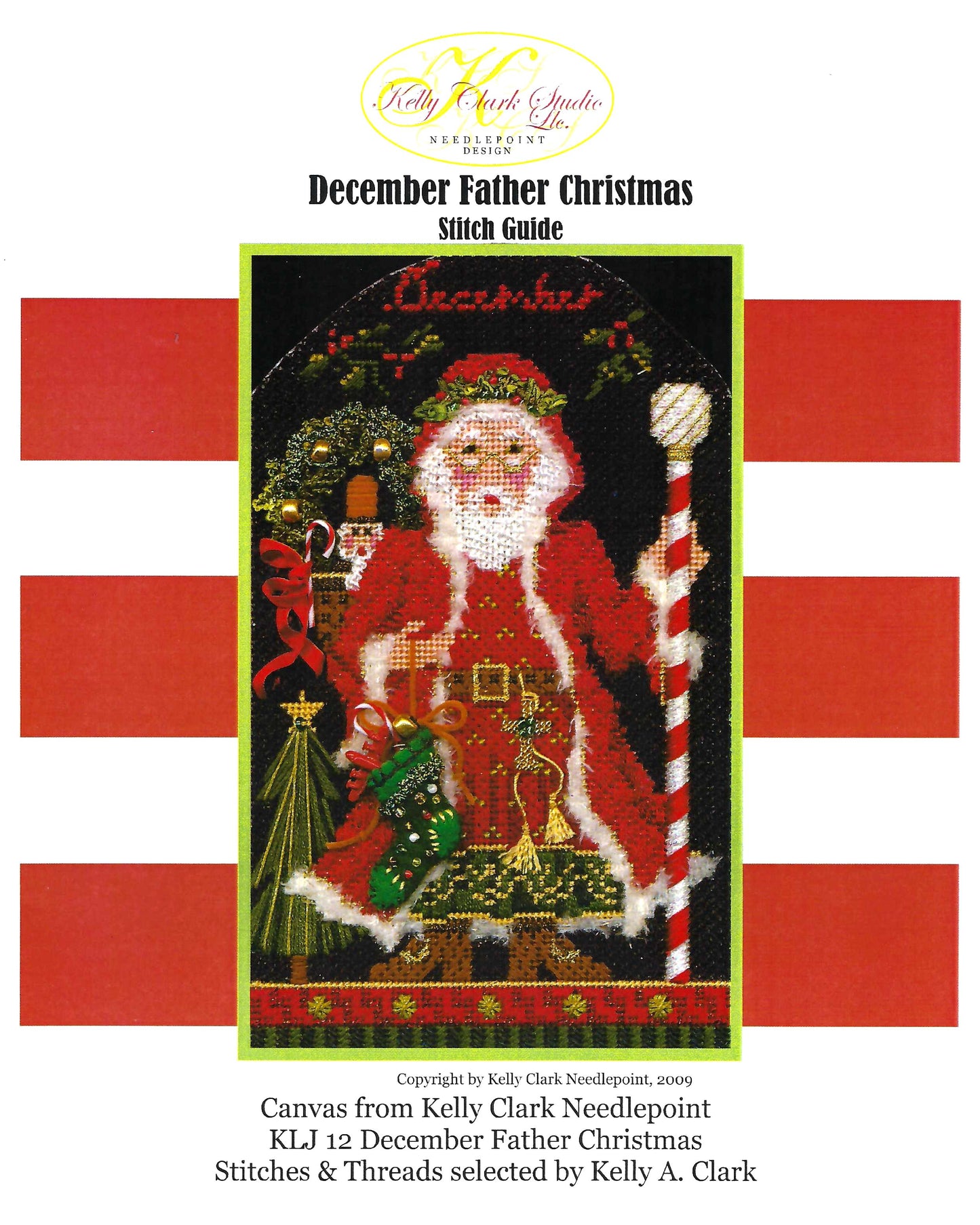 CHRISTMAS ~ December Father Christmas & STITCH GUIDE SET handpainted 18 Mesh Needlepoint Canvas by Kelly Clark