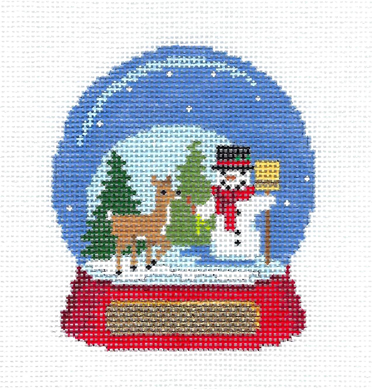 Christmas ~ Deer & Snowman handpainted SNOW GLOBE 18 Mesh Needlepoint Ornament Canvas by Susan Roberts