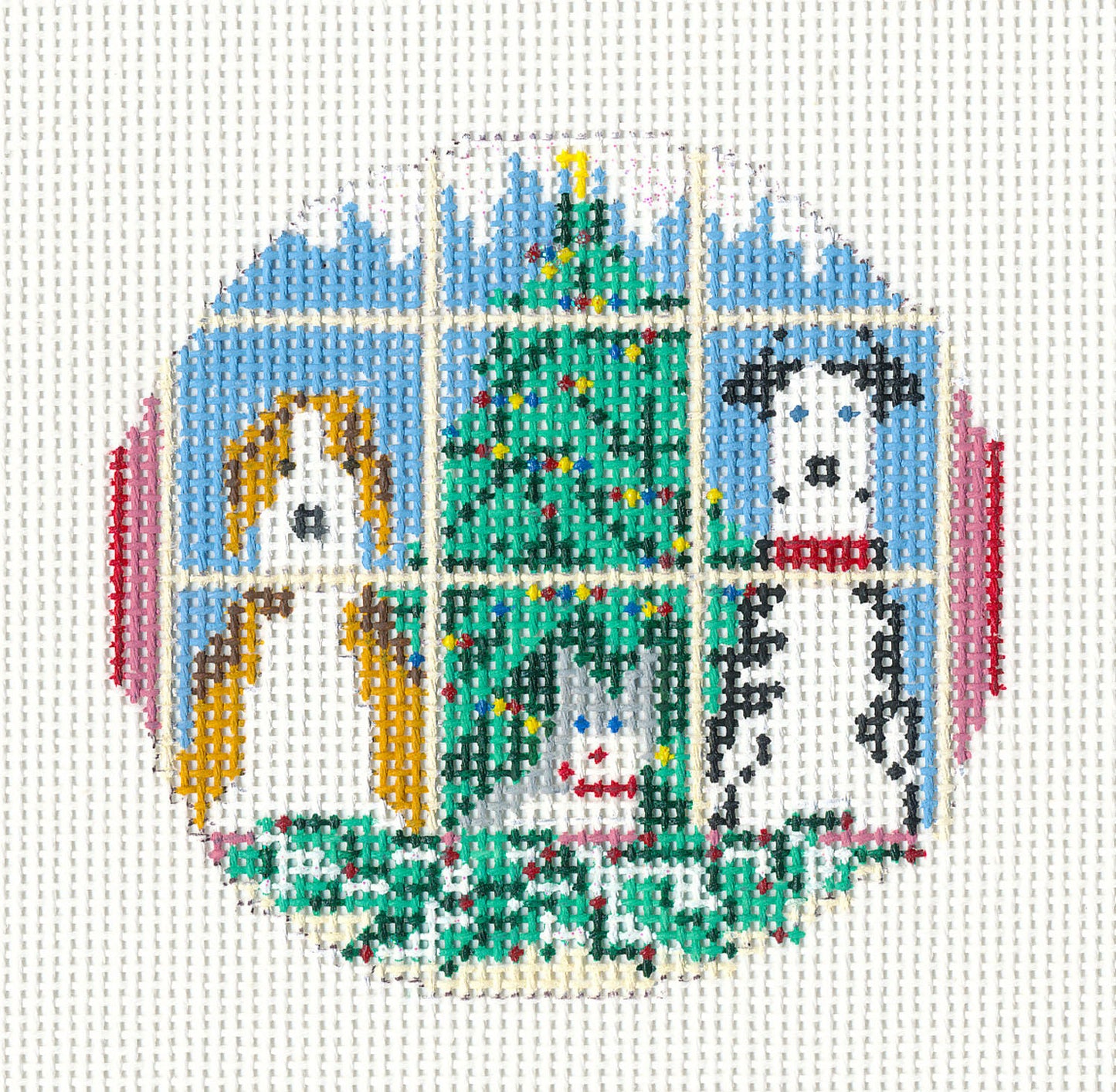 Dog Round ~ 2 Dogs & 1 Cat and Christmas Tree 3" Rd. Ornament 13 mesh handpainted Needlepoint Canvas by Needle Crossings