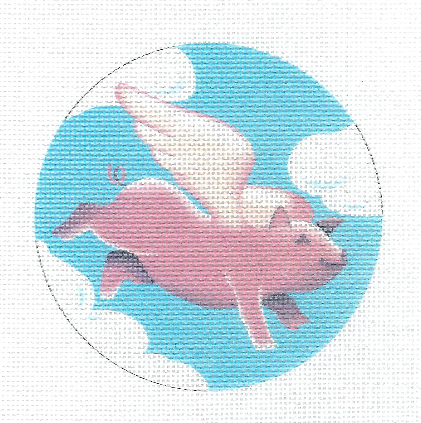 Round ~ When Pigs Fly ... A Pink Pig Flying in the Clouds 4" Rd. 18 Mesh handpainted Needlepoint Canvas by Pepperberry Designs
