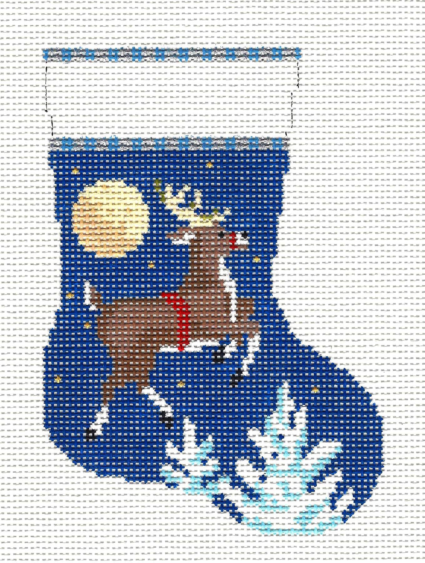 Christmas ~ Flying Reindeer Mini Stocking handpainted 13 mesh Needlepoint Canvas by Susan Roberts