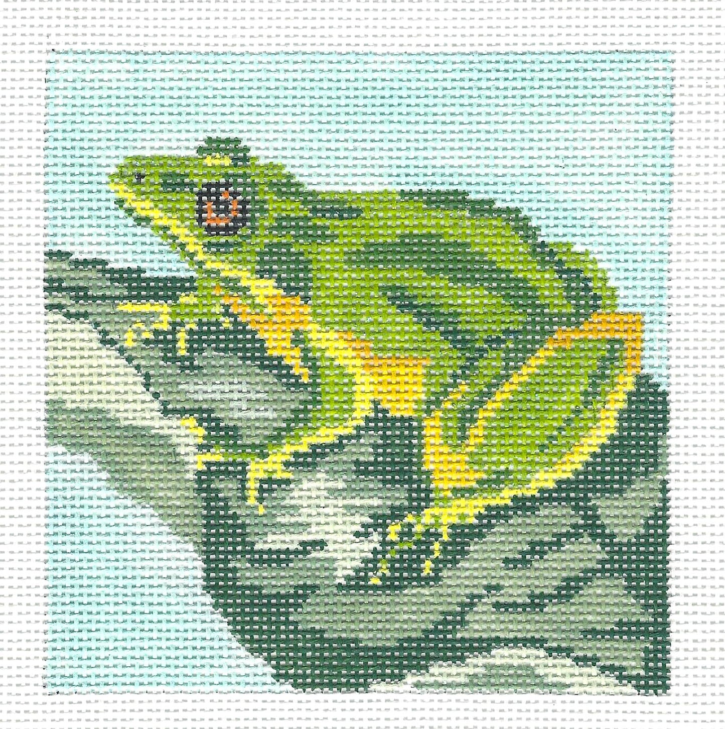 Frog Canvas ~ FROG on a Branch 18 mesh handpainted 4" Sq. Needlepoint Canvas by Needle Crossings