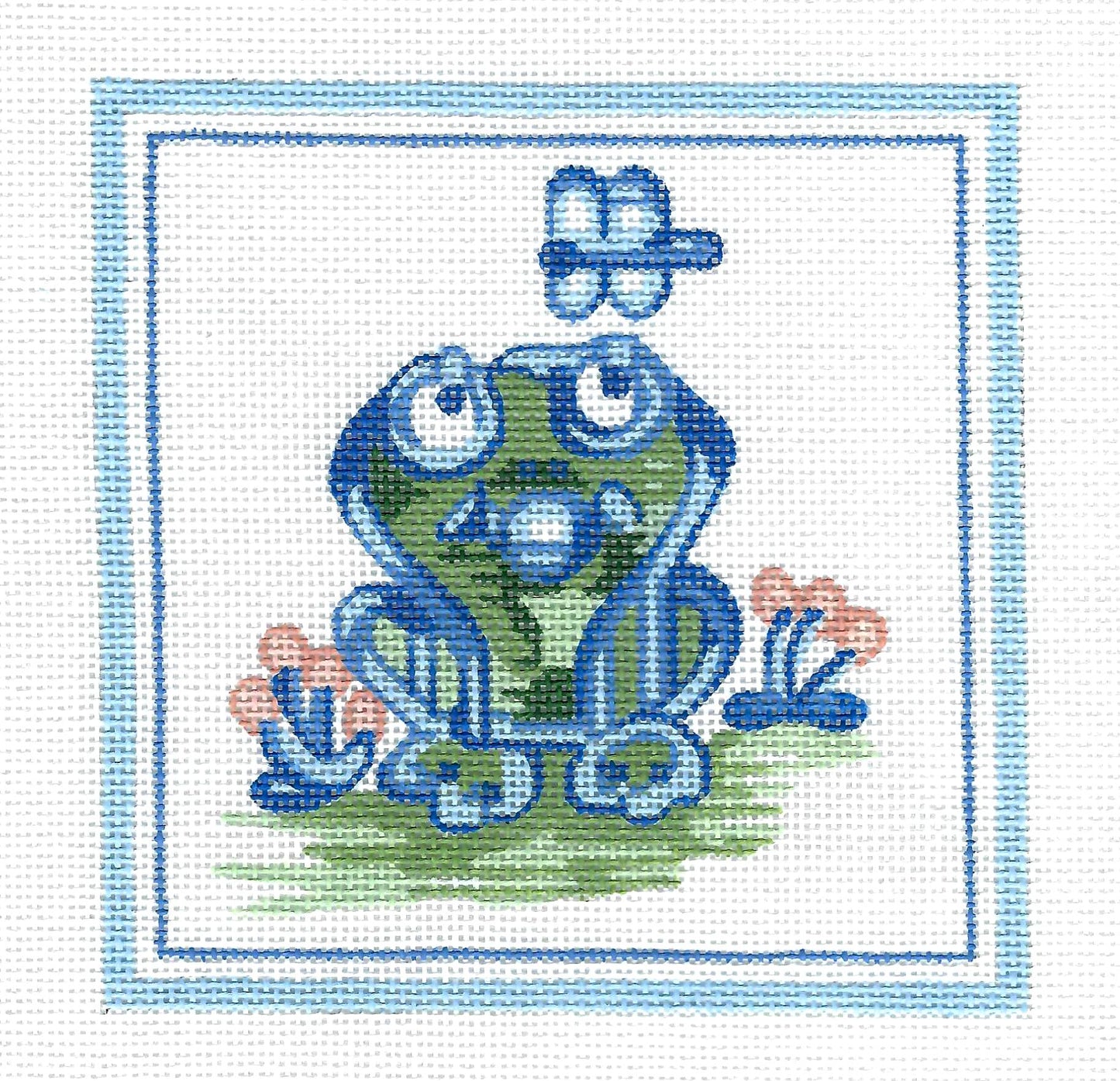 Hadley Pottery ~ FROG IN THE GARDEN 5"Square handpainted 18 Mesh Needlepoint Canvas by Silver Needle