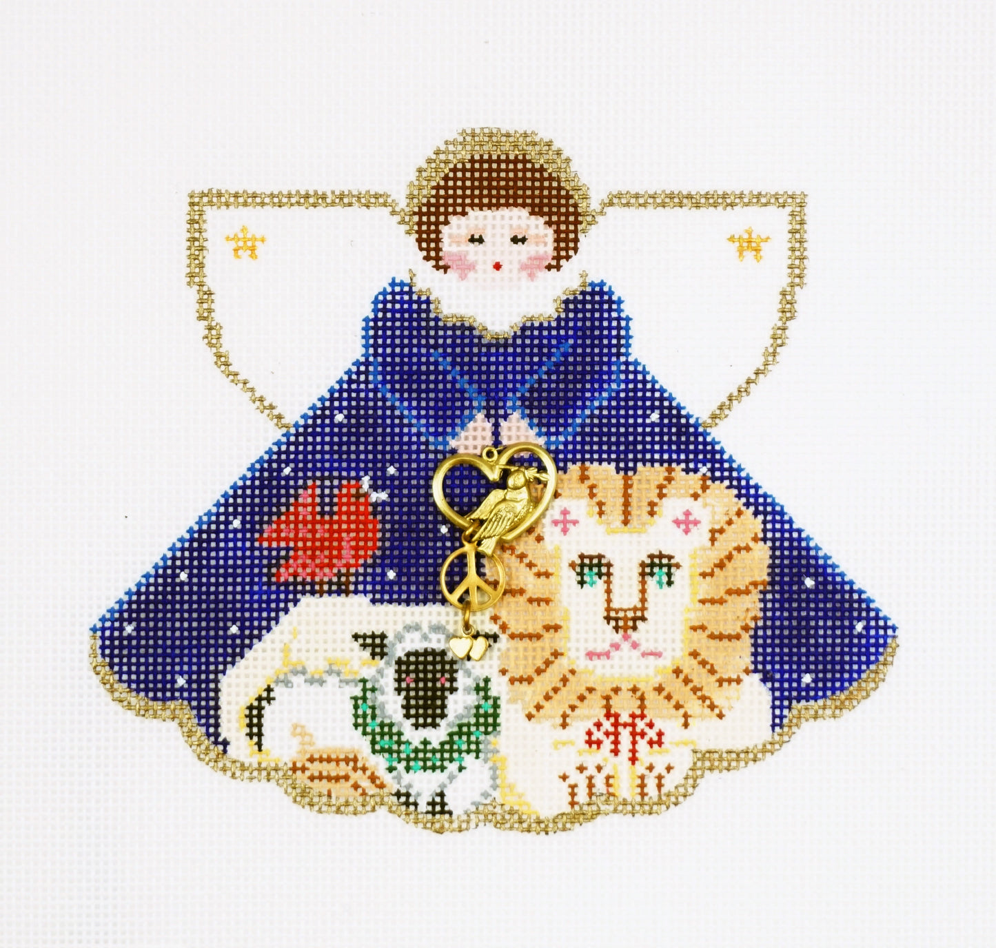 Angel ~ Angel of Peace with Lion, Lamb & Cardinal with Charms handpainted 18 Mesh Needlepoint Canvas by Painted Pony