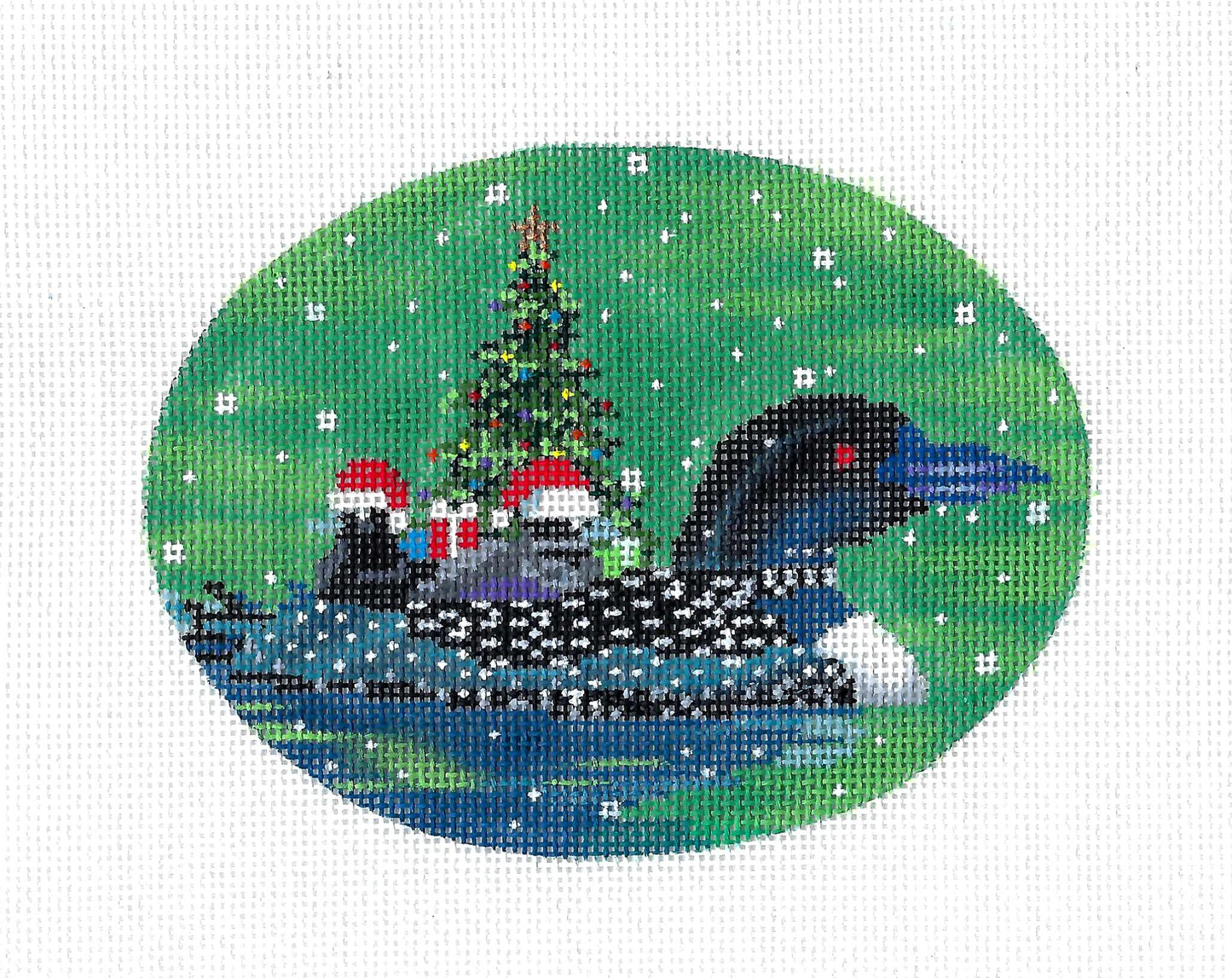 Christmas ~ Loon Family on the Lake Ready for Christmas an 18 Mesh 5.25" Oval Ornament handpainted Canvas by Scott Church