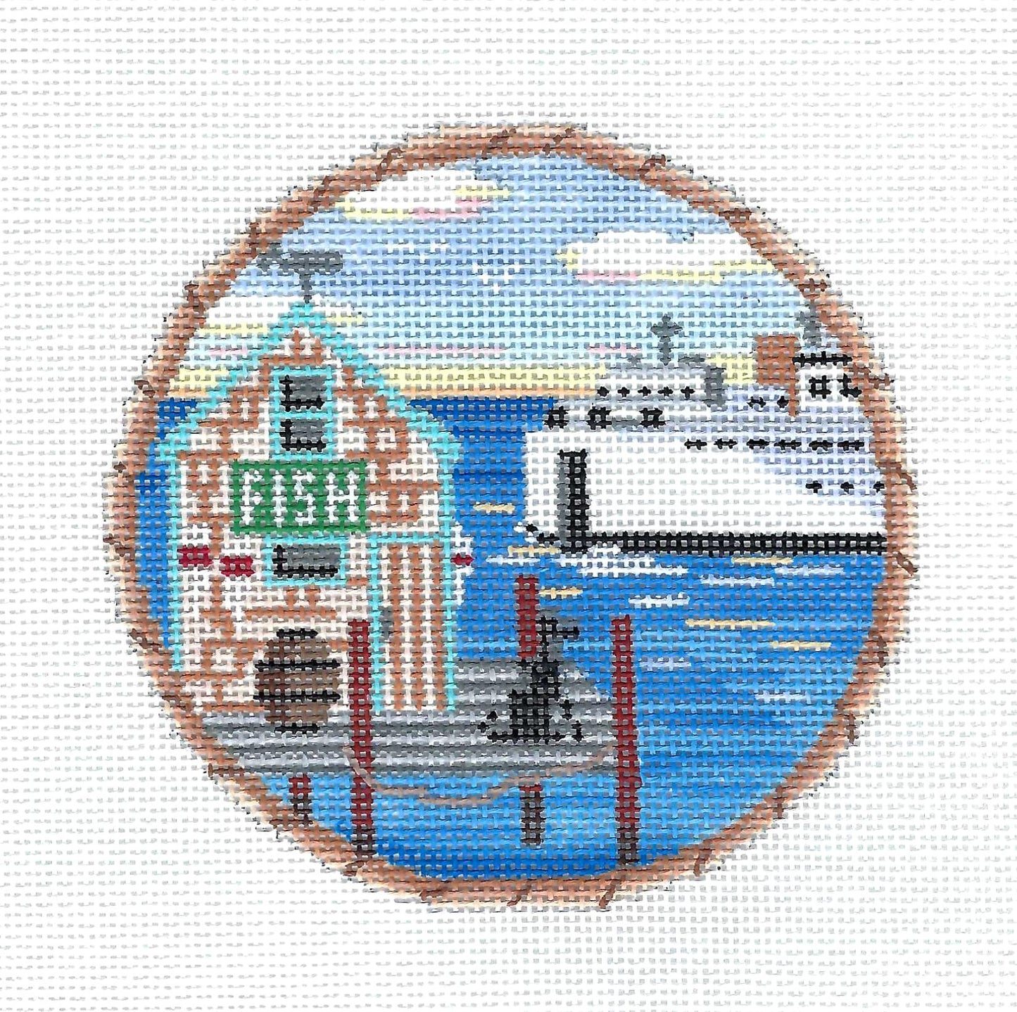Nantucket Canvas ~ NANTUCKET Ferry Boat & Fishing Pier on 18 mesh 4.15" Rd. Hand Painted Needlepoint canvas by MBM Designs