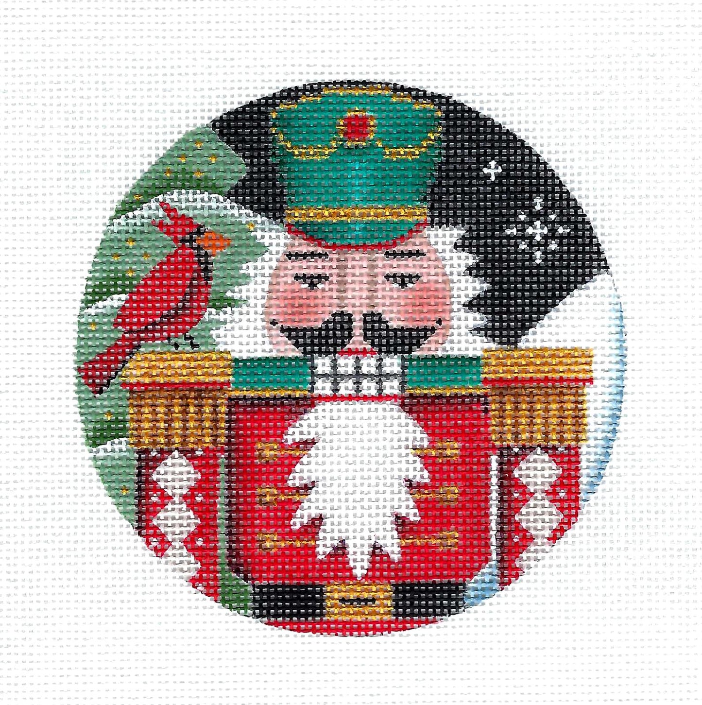 Round ~ NIGHT NUTCRACKER With Cardinal handpainted 18 Mesh 4" Rd. Needlepoint Ornament Canvas by Rebecca Wood
