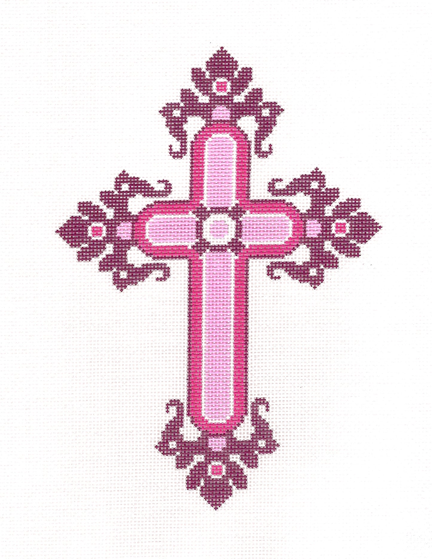 Cross ~ Elegant 7" Tall PINK, BURGUNDY & WHITE CROSS handpainted Needlepoint Canvas by LEE