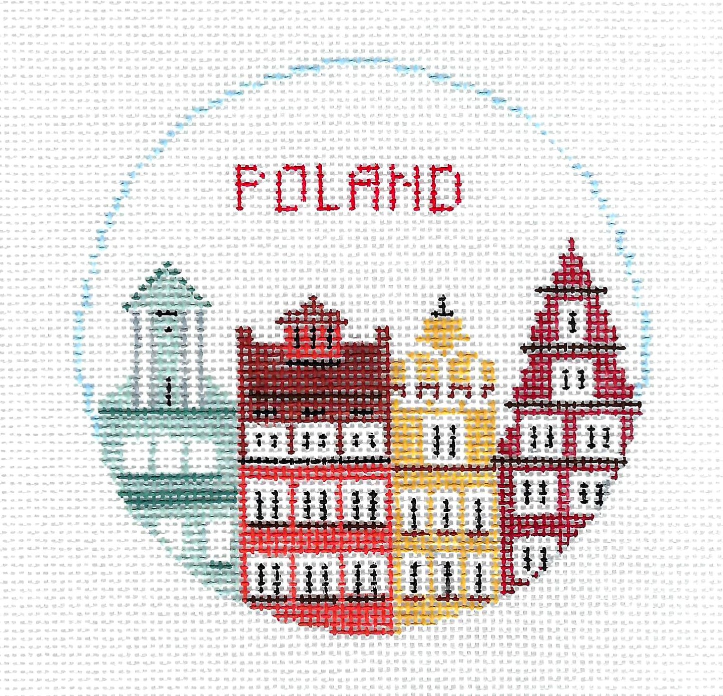 Travel Round ~ COUNTRY of POLAND 4" Rd. 18 mesh handpainted Needlepoint Canvas Ornament by Kathy Schenkel
