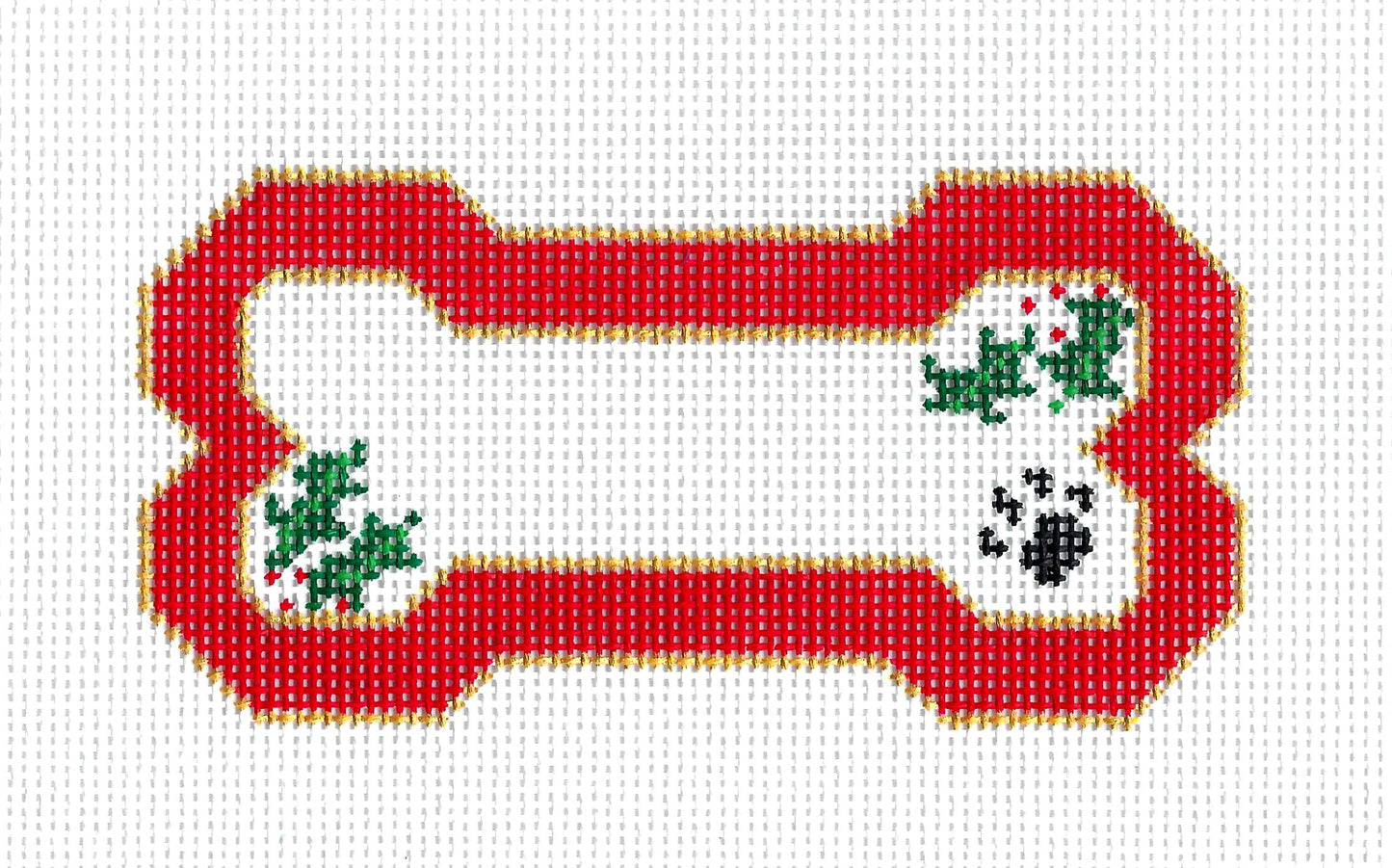 Dog Bone ~ Red Bone with Holly & Paw Print 13 Mesh handpainted Needlepoint Ornament Canvas by Danji