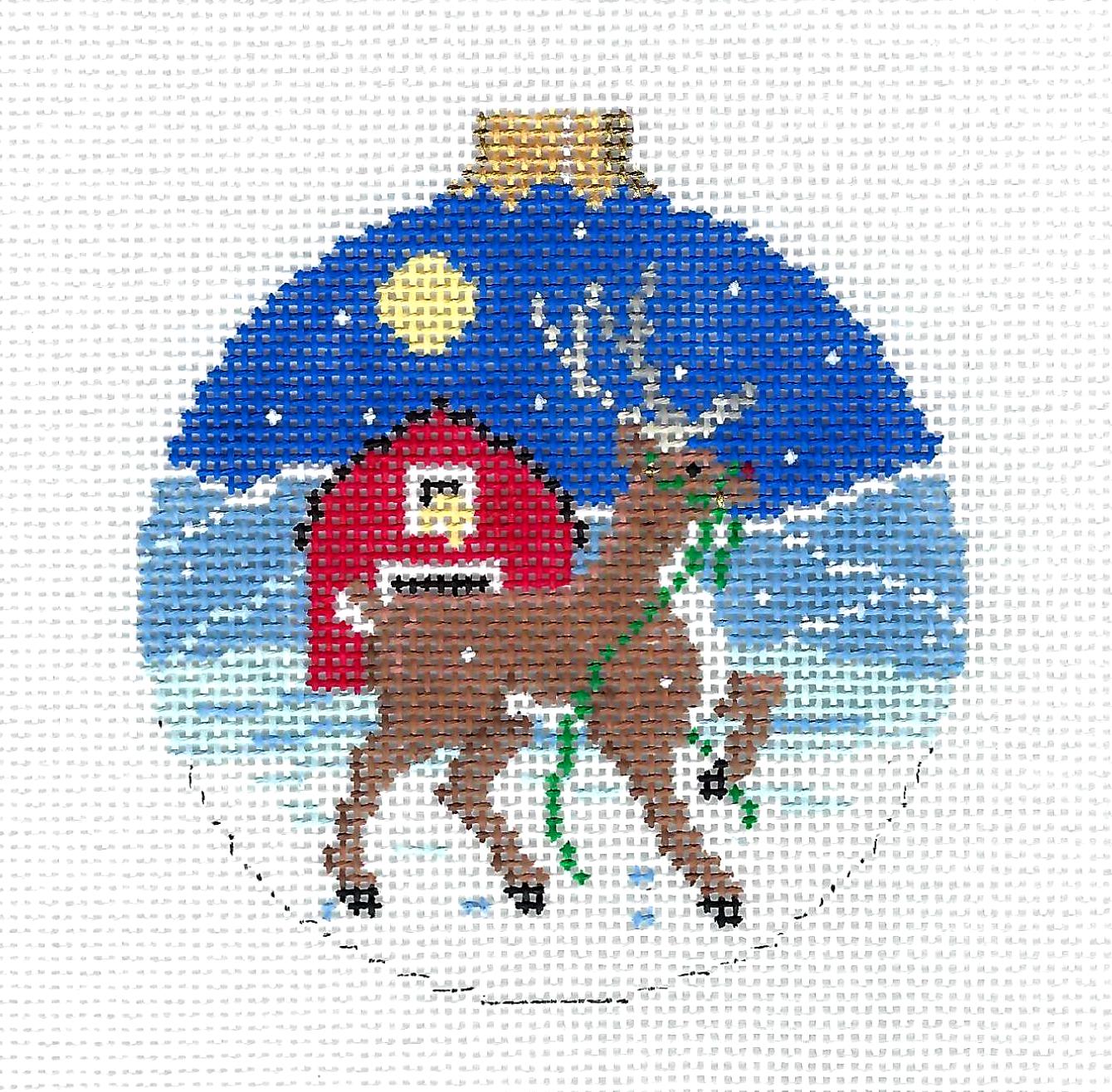 Christmas ~ Reindeer By a Red Barn 3.25" Round Ornament handpainted 18 Mesh Needlepoint Canvas by Susan Roberts