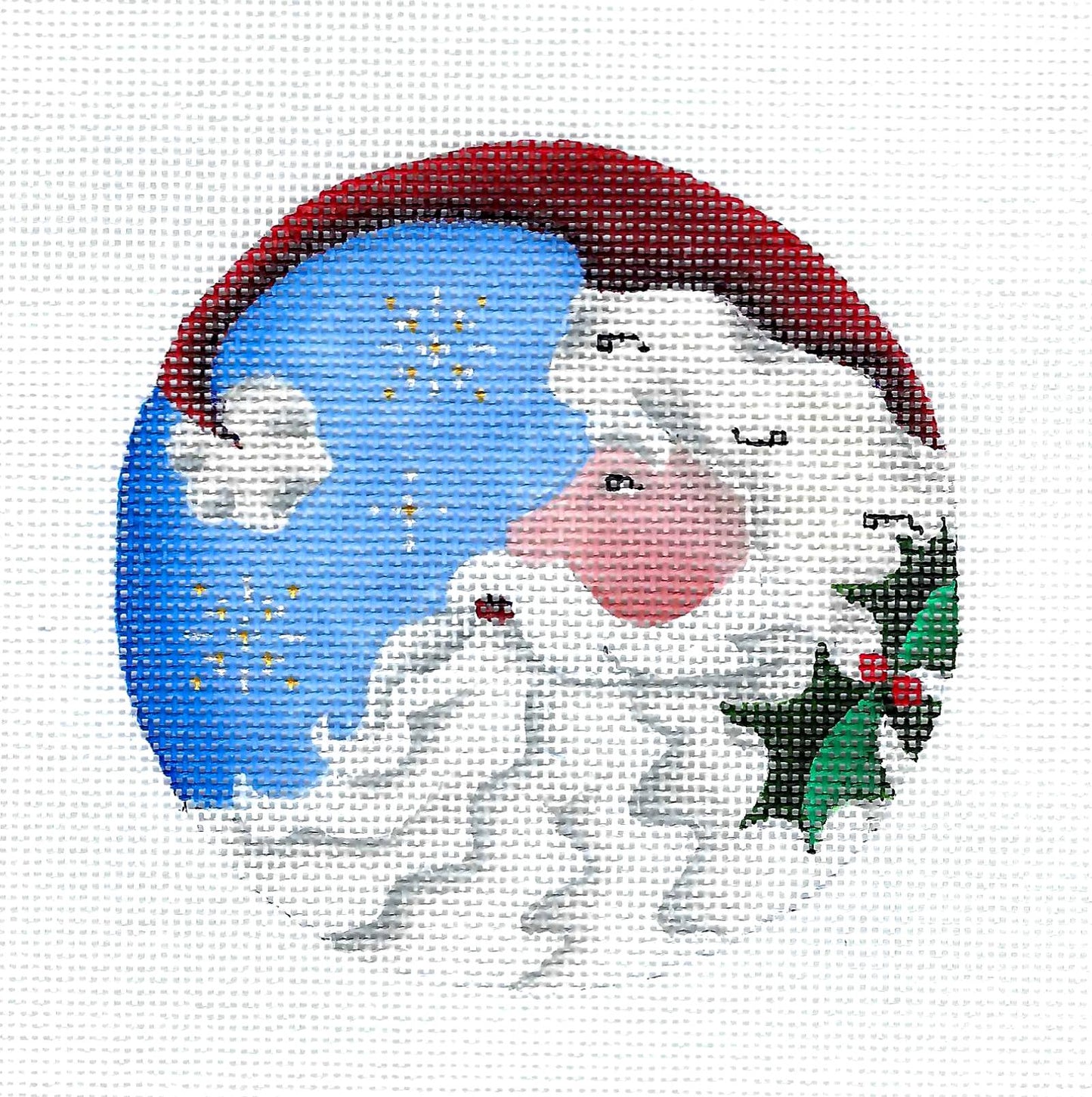 Christmas Round ~ " MAGICAL SANTA " on 18 Mesh handpainted 4" Rd. Needlepoint Canvas by Rebecca Wood