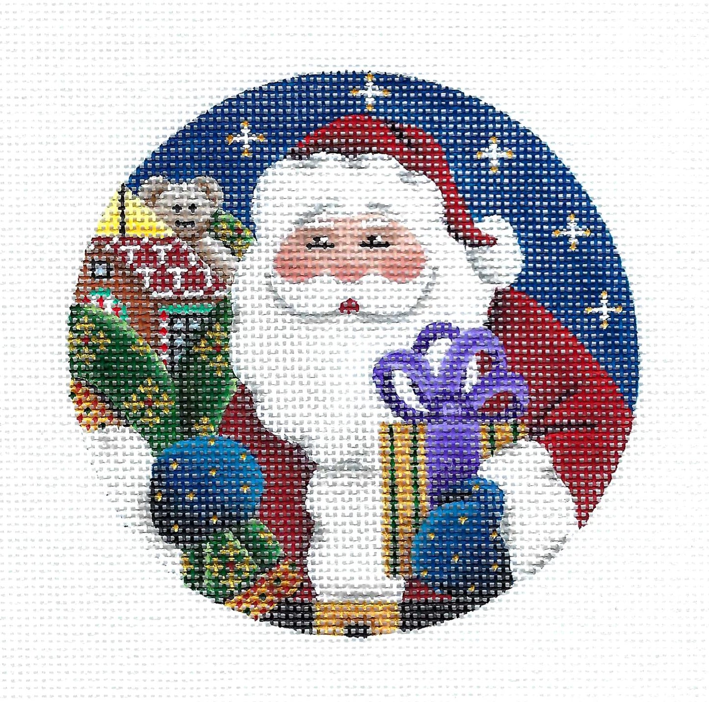 4" Round ~ Santa with Gifts Galore 18 Mesh 4"Rd. Ornament handpainted Needlepoint Canvas by Rebecca Wood