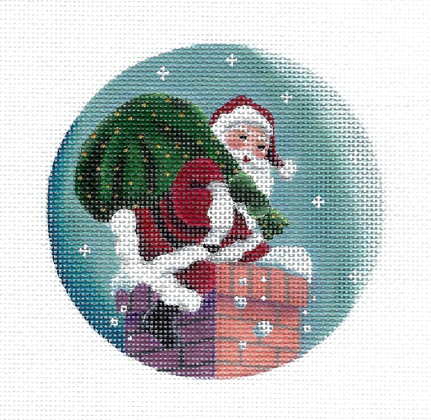 4" Round ~ Santa Down the Chimney 18 Mesh Ornament handpainted Needlepoint Canvas by Rebecca Wood