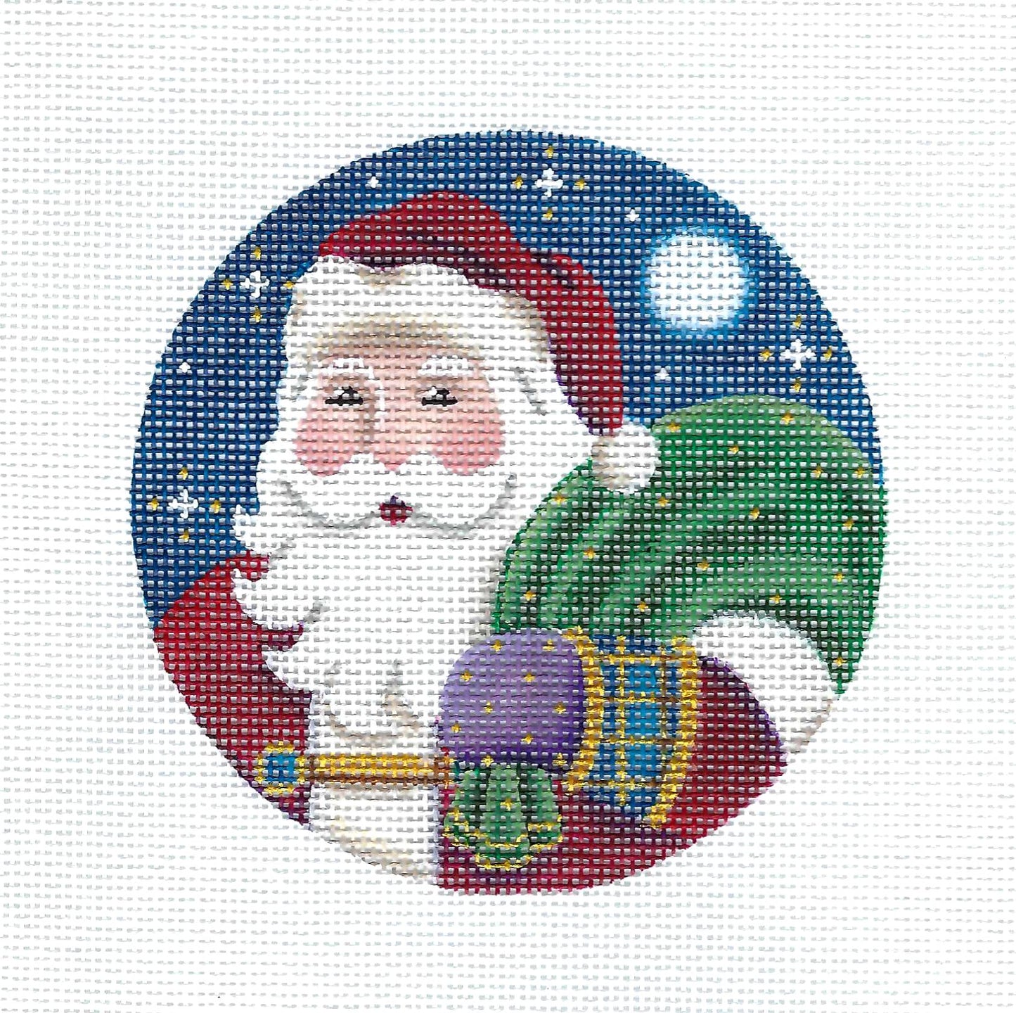 Christmas Round ~ Santa in the Moonlight with Gift Sack 4" Rd. handpainted 18 mesh Needlepoint Canvas by Rebecca Wood