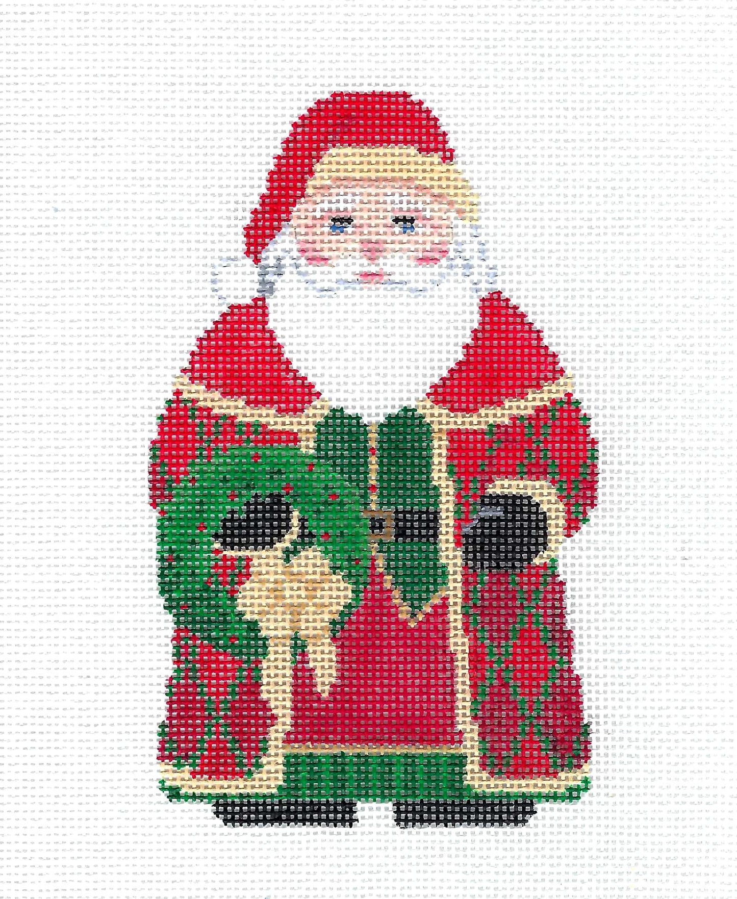 Christmas ~ Santa Claus holding a Wreath handpainted 18 Mesh Needlepoint Ornament by Susan Roberts