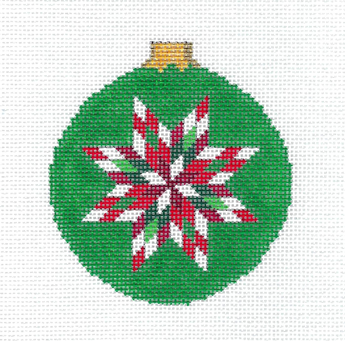 Christmas ~ Quilt Star 3.25" Round on Green Christmas Ornament handpainted 18 Mesh Needlepoint Canvas by Susan Roberts