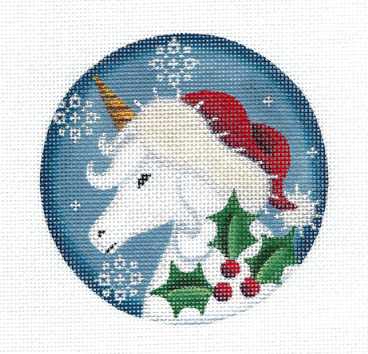 Round ~ CHRISTMAS UNICORN Ornament handpainted 18 Mesh Needlepoint Canvas 4" Round by Rebecca Wood