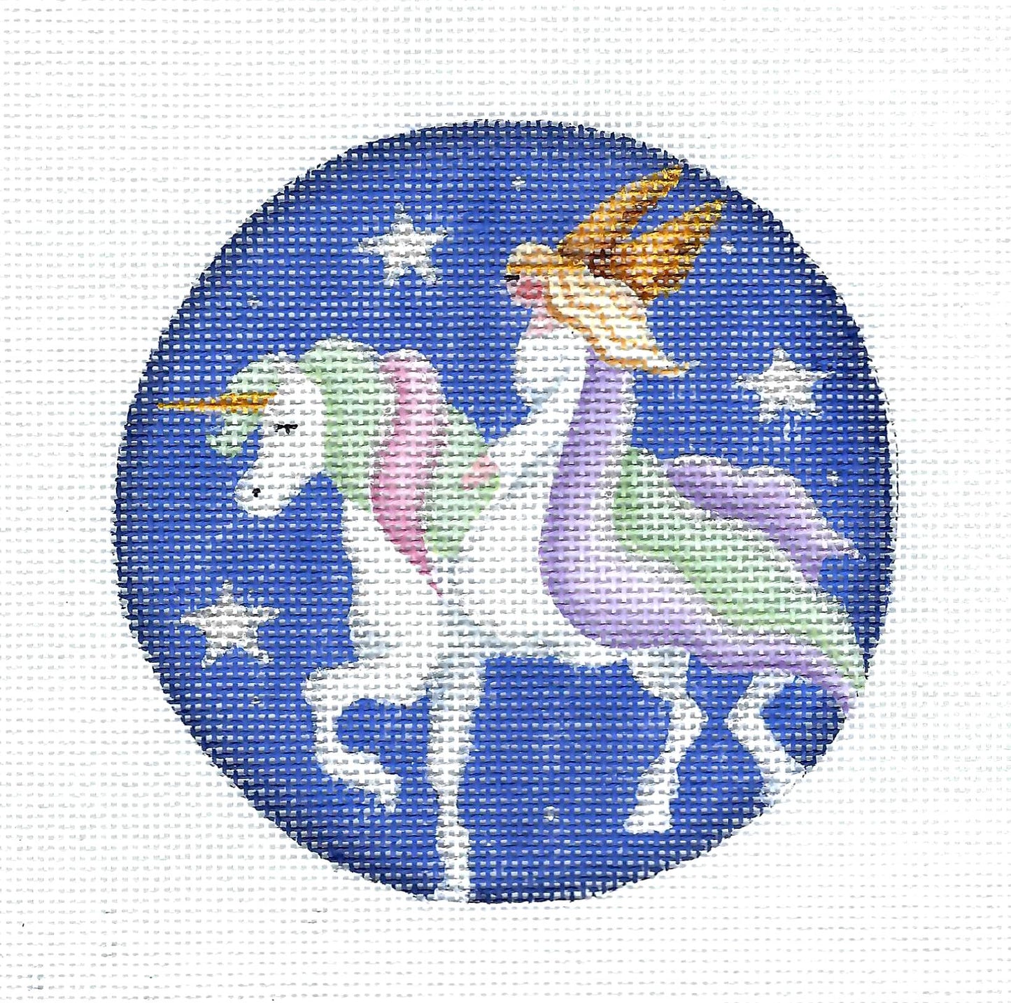 Christmas ~ Angel Riding a Unicorn 4" Rd. Ornament handpainted 18 Mesh Needlepoint Canvas by Rebecca Wood