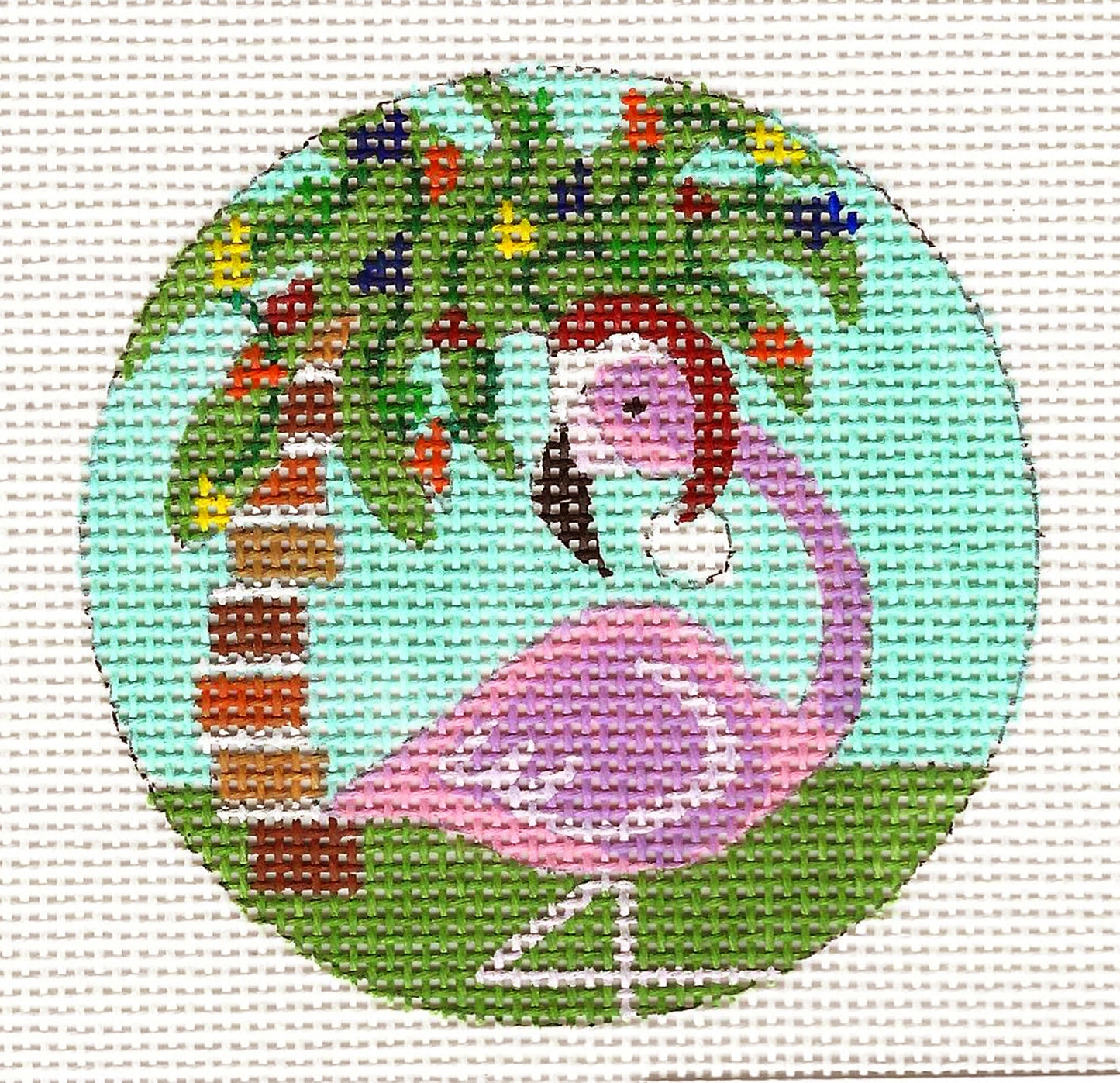 Round ~ Flamingo With Decorated Palm Tree 3" Ornament on 18 mesh handpainted Needlepoint Canvas by Kamala from PLD Designs