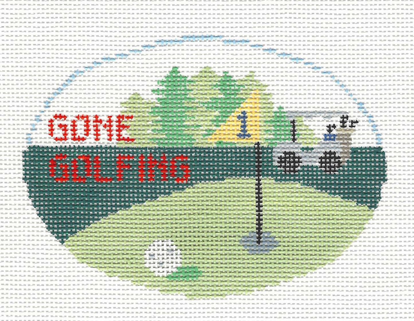 Sports Oval ~ Gone Golfing Sports 18 Mesh handpainted Needlepoint Ornament Canvas by Kathy Schenkel