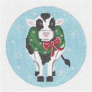 Round ~ Christmas Cow with Wreath handpainted 18 Mesh 4" Needlepoint Ornament Canvas by Pepperberry