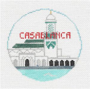 Travel Round ~ CASABLANCA, MOROCCO handpainted Needlepoint Canvas Ornament Kathy Schenkel