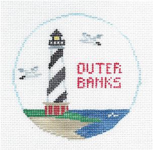 Travel Round ~ OUTER BANKS, NORTH CAROLINA Lighthouse 4" Rd. handpainted 18 Mesh Needlepoint Canvas by Kathy Schenkel