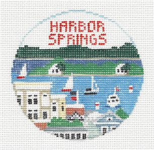 Travel Round ~ Harbor Springs, Michigan 4" Rd. handpainted 18 Mesh Needlepoint Canvas by Kathy Schenkel