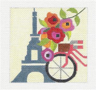 Travel Canvas ~ PARIS, FRANCE handpainted 4" Sq. 18 Mesh Needlepoint Ornament Canvas by Melissa Prince