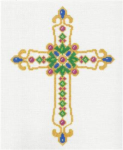 Cross ~ Elegant 7" Tall Diamond Dusted Jeweled CROSS handpainted Needlepoint Canvas LEE