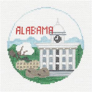 Travel Round ~ State of ALABAMA handpainted 18 Mesh Needlepoint Ornament Canvas by Kathy Schenkel