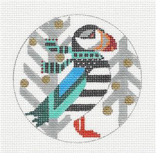Bird ~ Puffin in the Birch Trees Wearing a Scarf handpainted 4" Rd. 18 Mesh Needlepoint Ornament by Melissa Prince