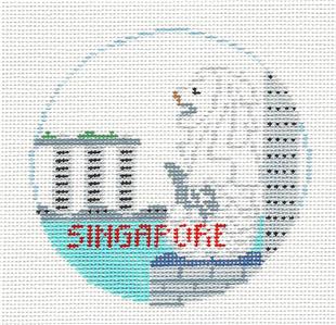 Travel Round ~ Island-City of SINGAPORE handpainted 4" Rd. Needlepoint Canvas by Kathy Schenkel