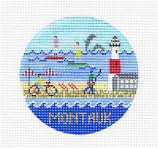 Travel Round ~ MONTAUK, Long Island NEW YORK handpainted 18 Mesh Needlepoint 4" Rd. Ornament by Doolittle