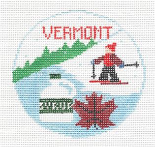 Travel Round ~ VERMONT Skiing handpainted 18 Mesh 4" Rd. Needlepoint Ornament Canvas by Kathy Schenkel
