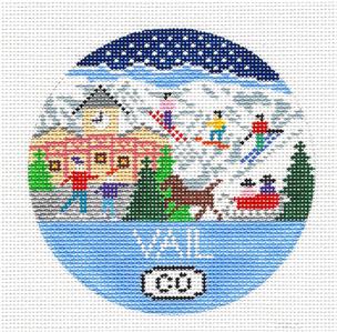 Ski Travel ~ Ski Vail, Colorado Winter Sports handpainted Needlepoint 4" Rd. Ornament by Doolittle