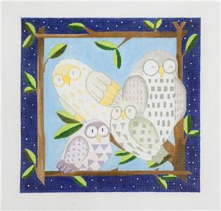 Four OWLS FRIENDS handpainted 8" Sq. Branch Frame Needlepoint Canvas by BB